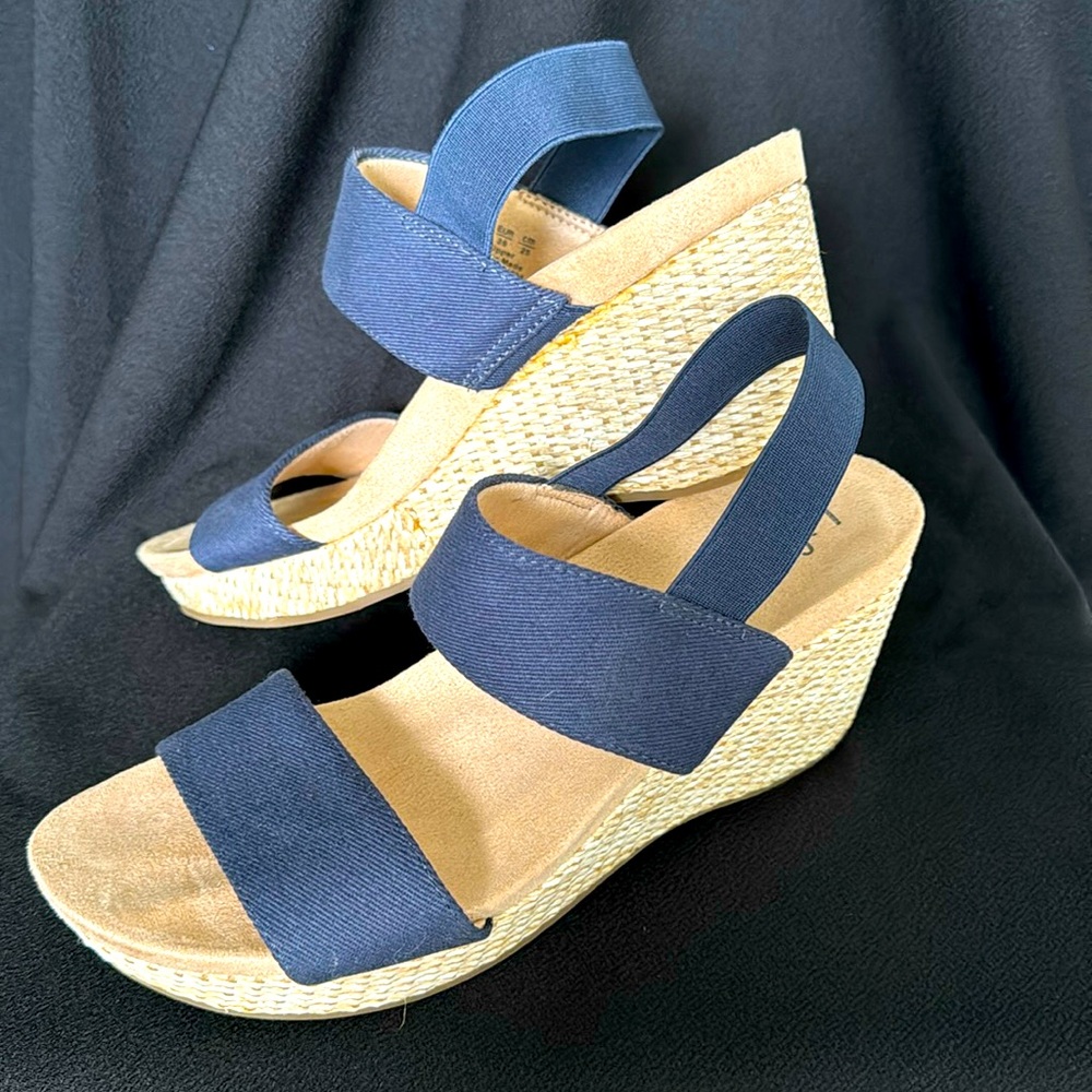 Life Stride Women 8.5M Navy Wedge Sandals, Worn Once